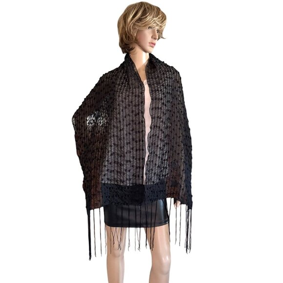 Elegant Black Sheer Mesh Shawl Mini Poms Textured Fringe Night Out Goth Boho - Picture 10 of 10